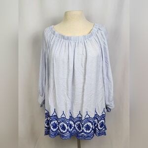 John Paul Richard Blue & White Striped Embroidered Boho Blouse Size 2X